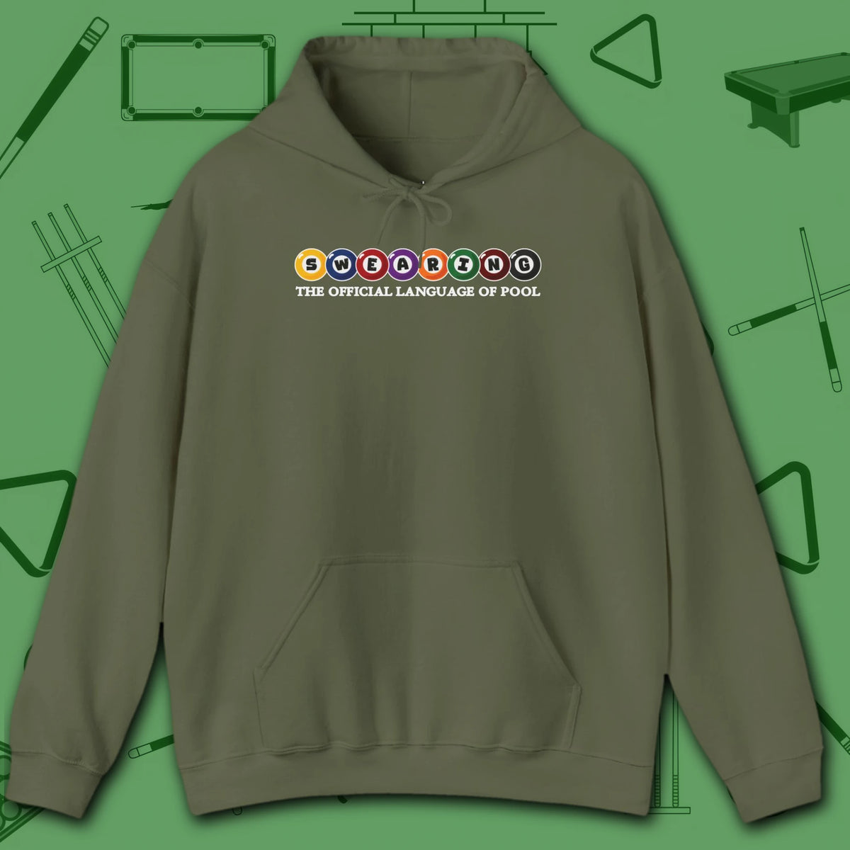 Swearing Pool Balls Hoodie, in Military Green color, billiards hoodie, front view