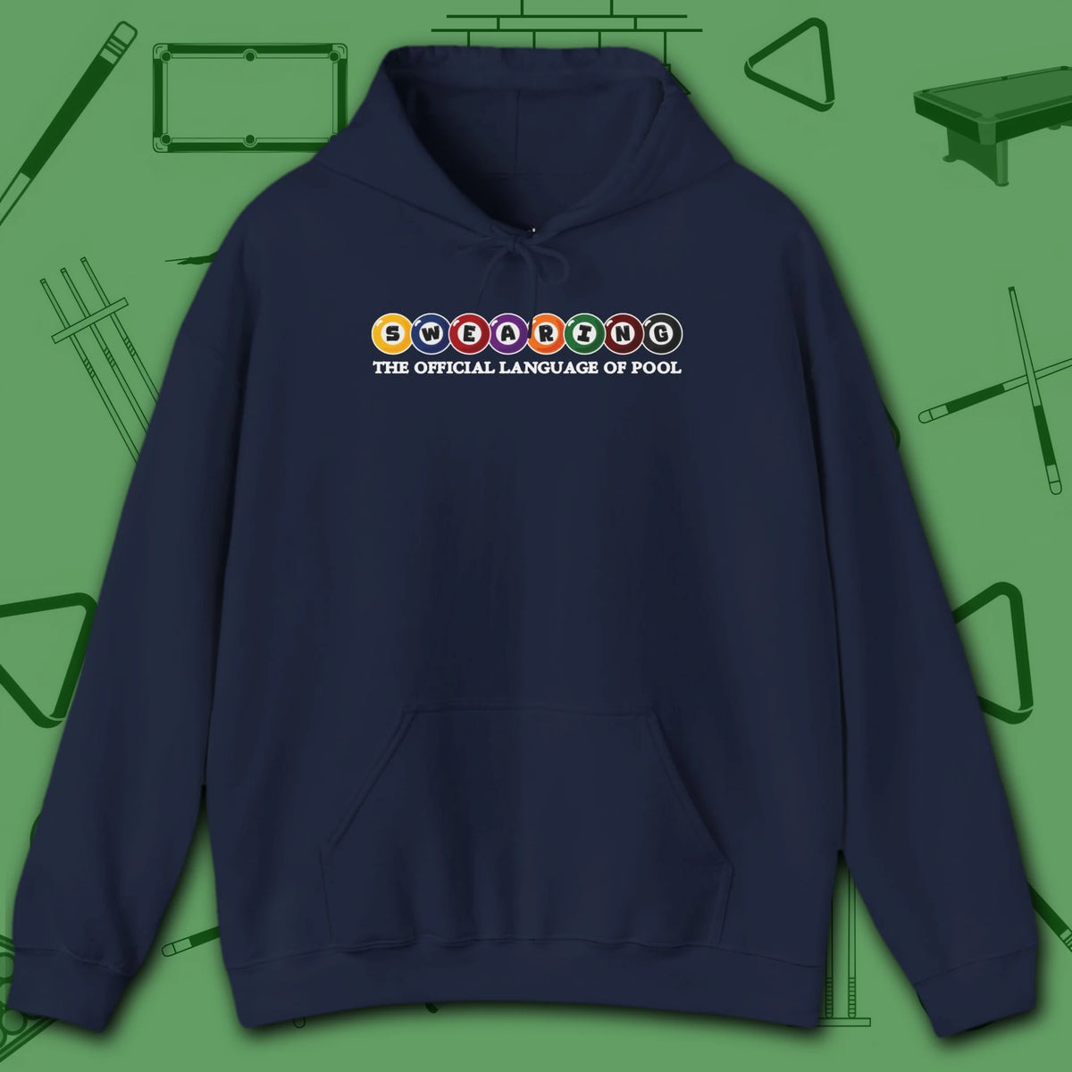Swearing Pool Balls Hoodie, in Navy color, billiards hoodie, front view
