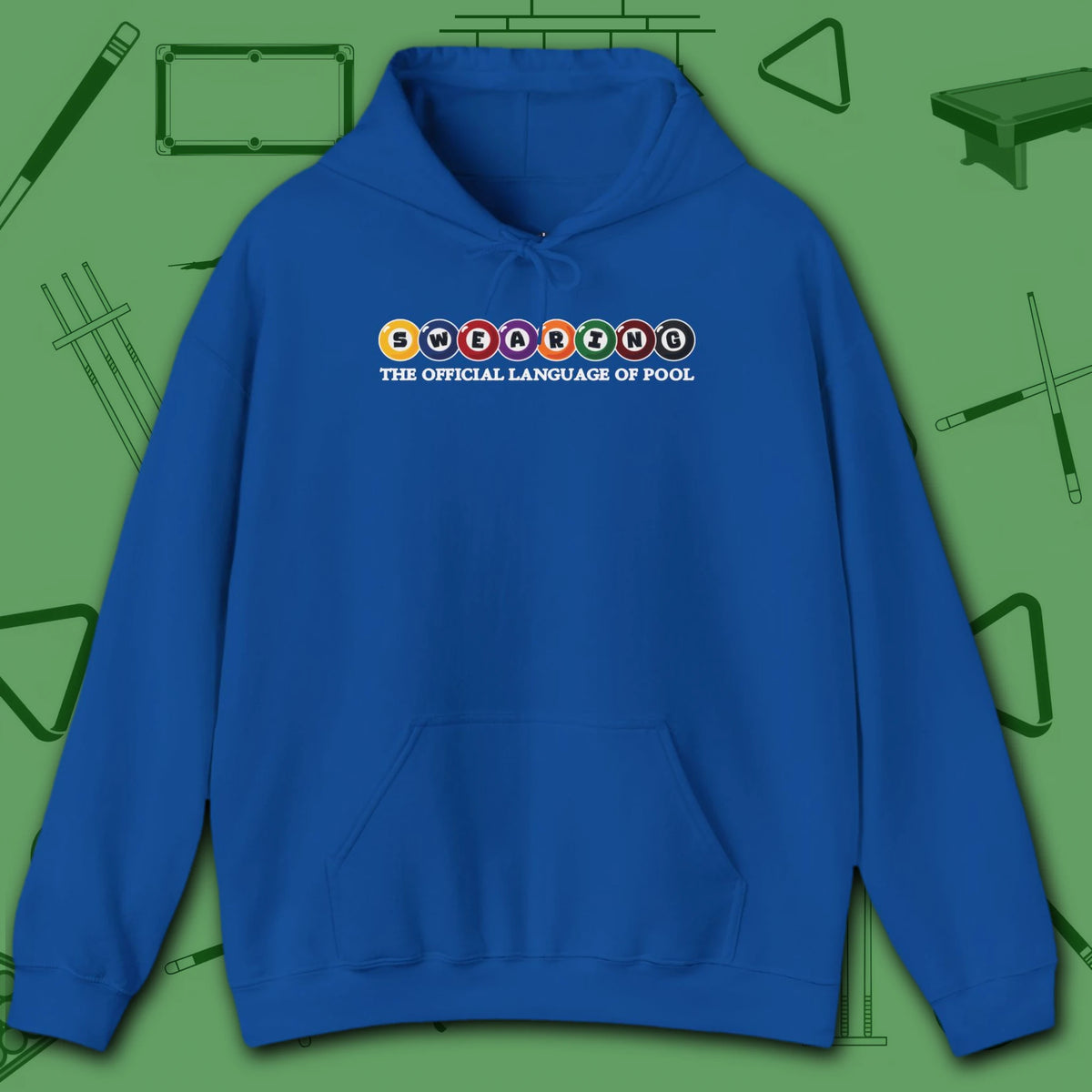 Swearing Pool Balls Hoodie, in Royal color, billiards hoodie, front view