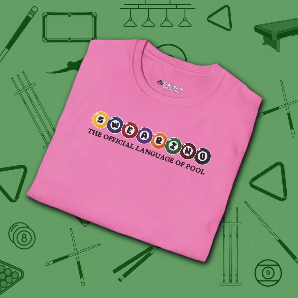 Swearing Pool Balls T-Shirt, in Azalea color, billiards shirt, folded view
