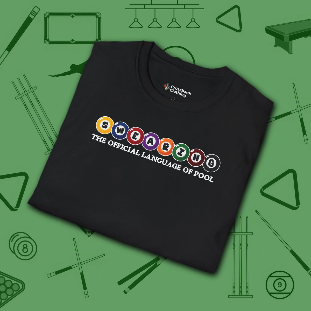 Swearing Pool Balls T-Shirt, in Black color, billiards shirt, folded view