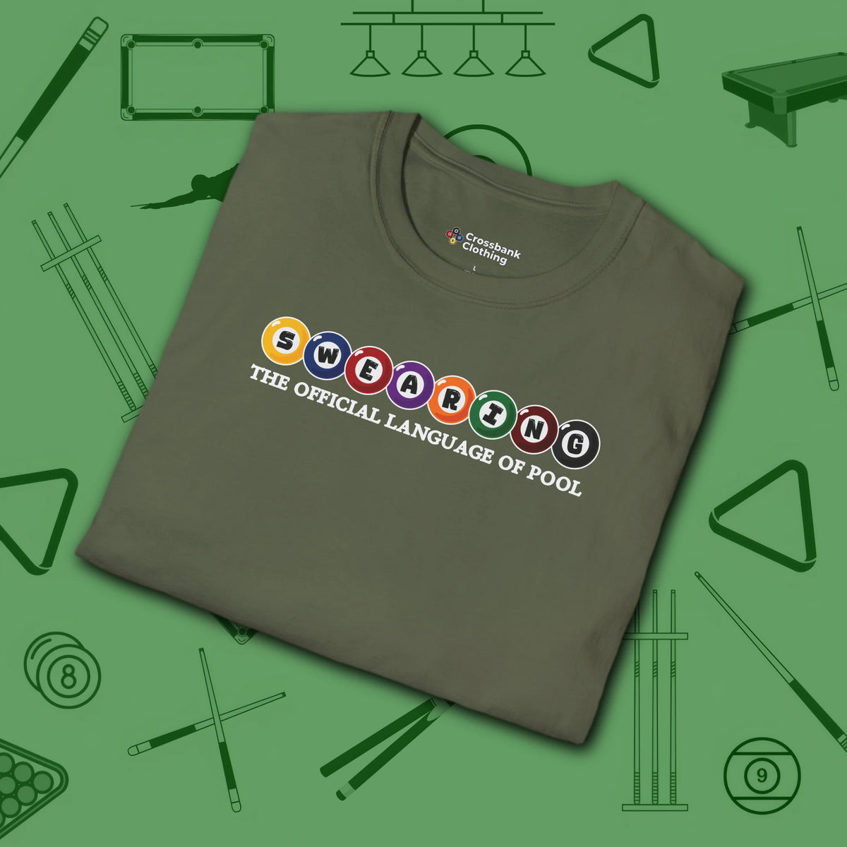 Swearing Pool Balls T-Shirt, in Military Green color, billiards shirt, folded view