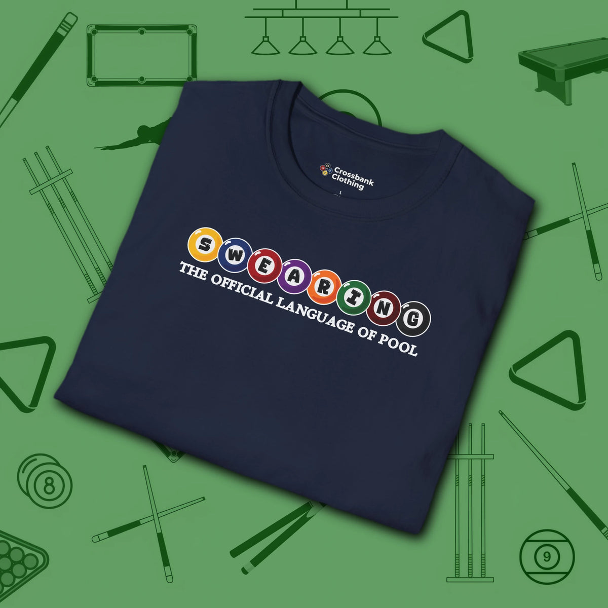 Swearing Pool Balls T-Shirt, in Navy color, billiards shirt, folded view