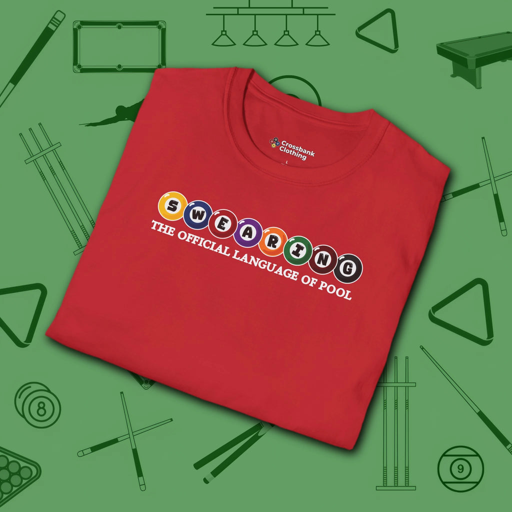 Swearing Pool Balls T-Shirt, in Red color, billiards shirt, folded view
