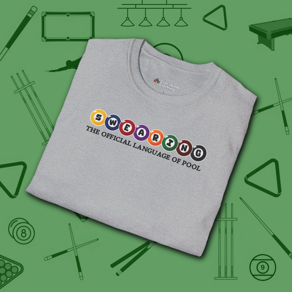 Swearing Pool Balls T-Shirt, in Sport Grey color, billiards shirt, folded view