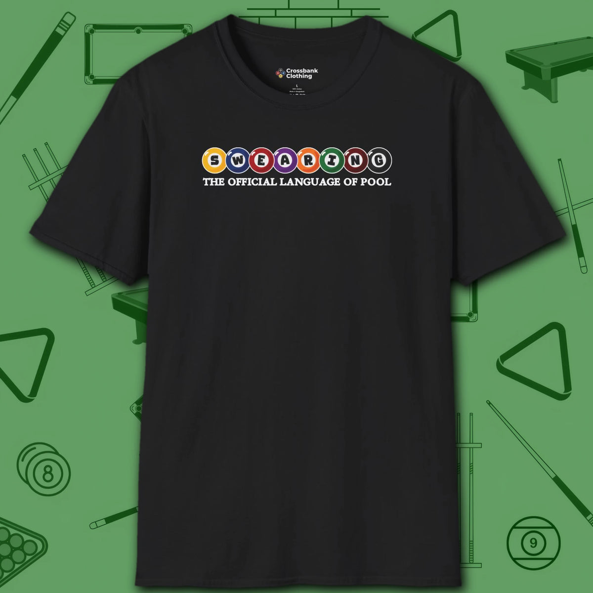 Swearing Pool Balls T-Shirt, in Black color, billiards shirt, front view