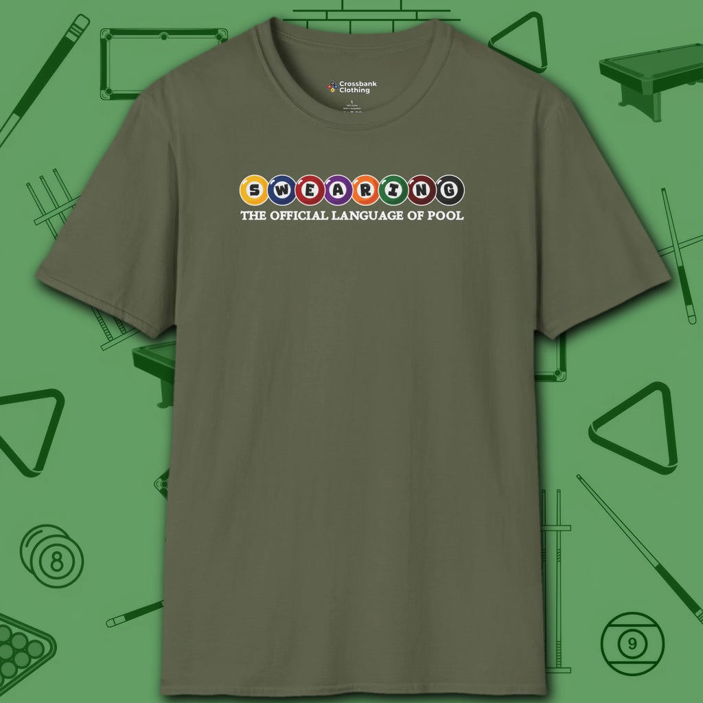 Swearing Pool Balls T-Shirt, in Military Green color, billiards shirt, front view