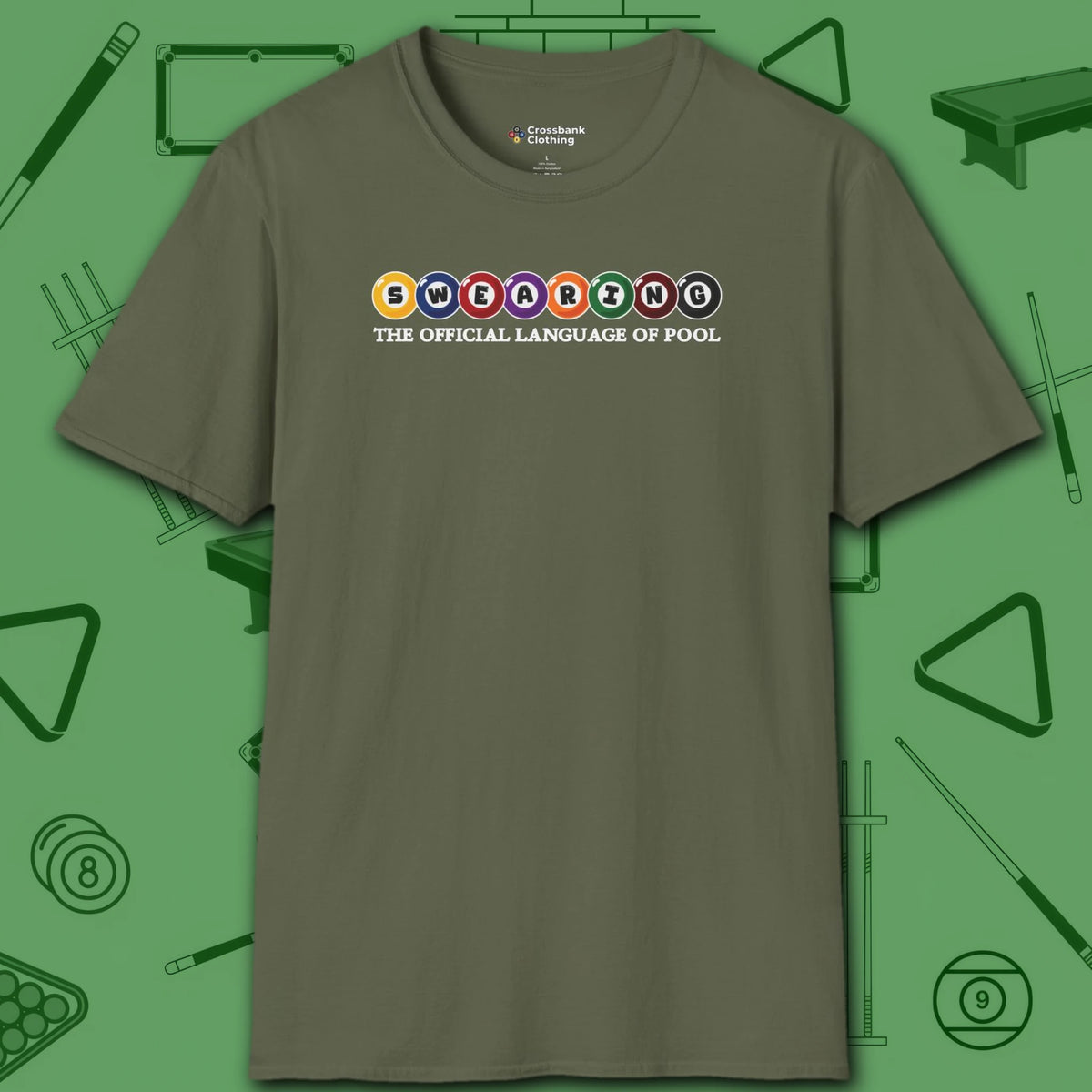 Swearing Pool Balls T-Shirt, in Military Green color, billiards shirt, front view