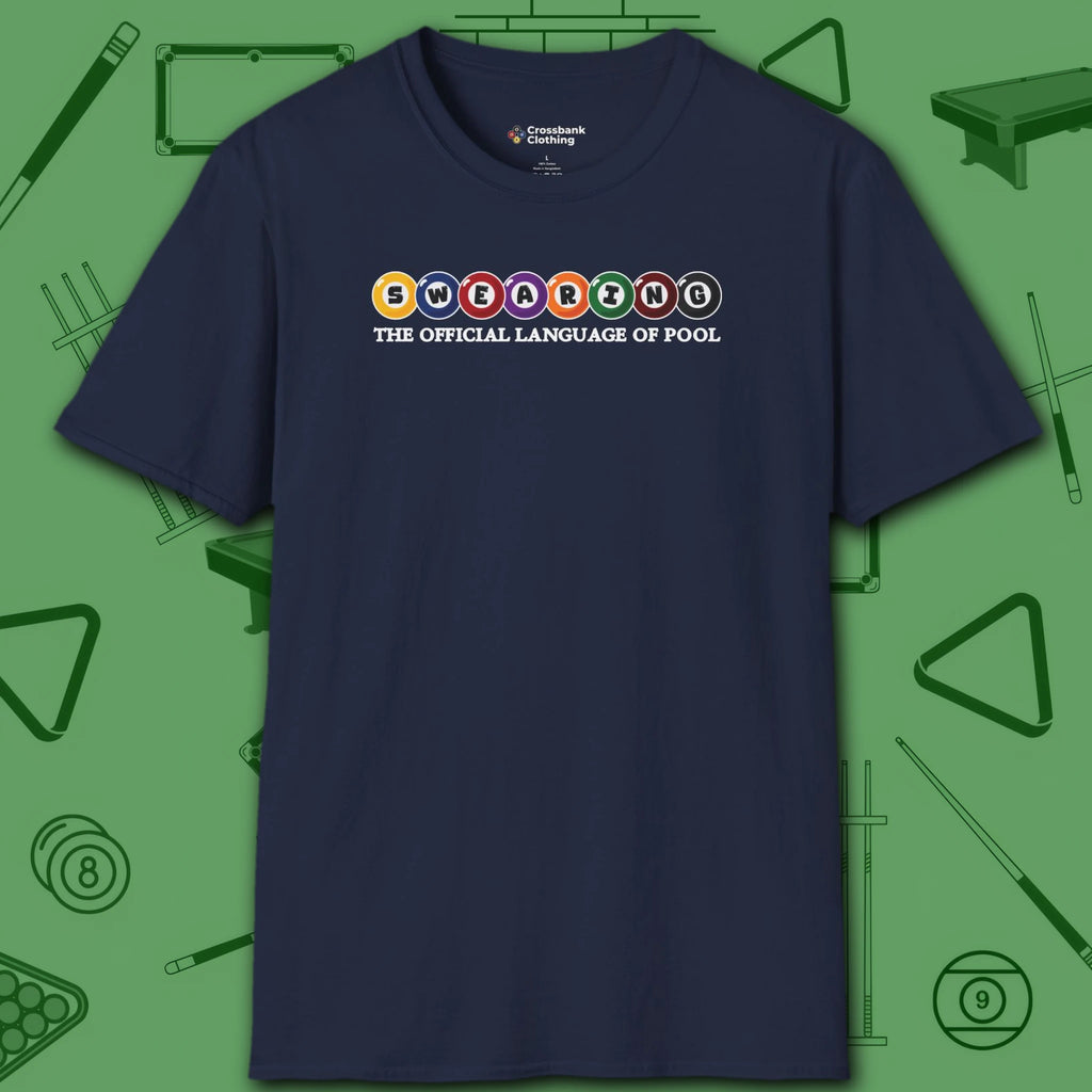 Swearing Pool Balls T-Shirt, in Navy color, billiards shirt, front view