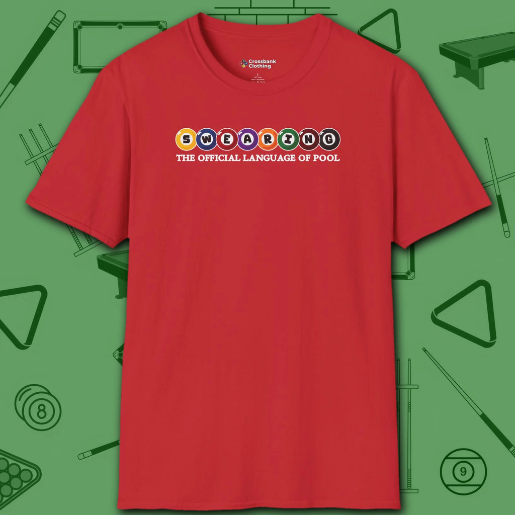 Swearing Pool Balls T-Shirt, in Red color, billiards shirt, front view