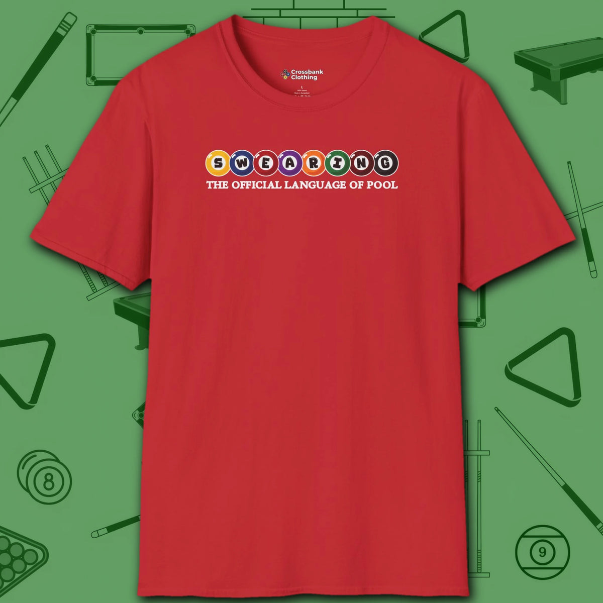 Swearing Pool Balls T-Shirt, in Red color, billiards shirt, front view