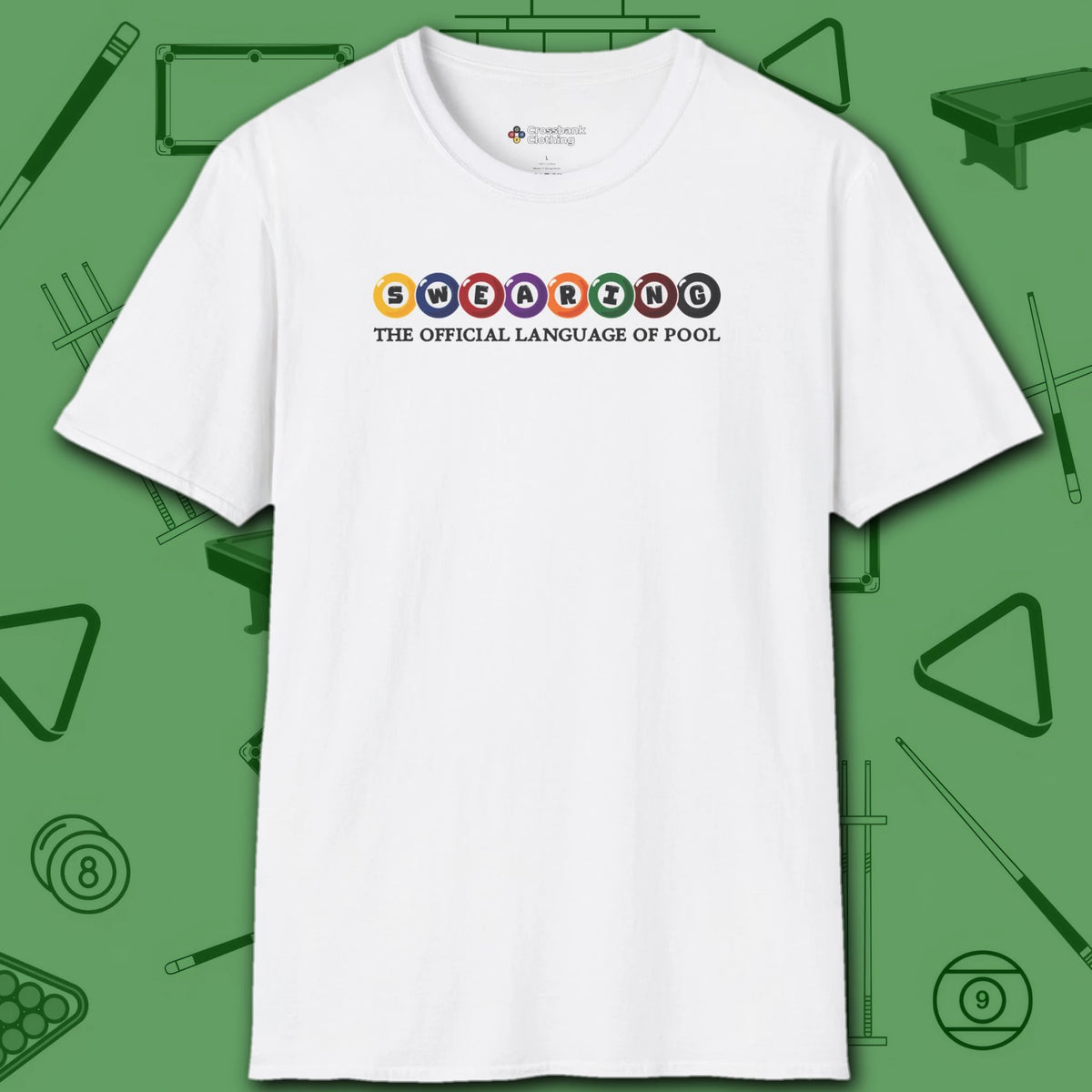 Swearing Pool Balls T-Shirt, in White color, billiards shirt, front view