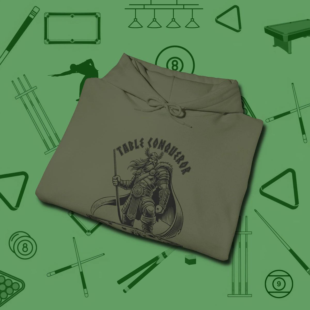 Table Conqueror Hoodie, folded view, in Military Green table-tested, street-approved style