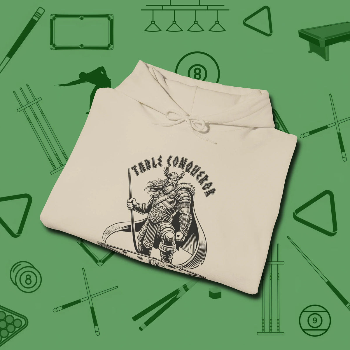 Table Conqueror Hoodie, folded view, in Sand cue up respect every time you wear it