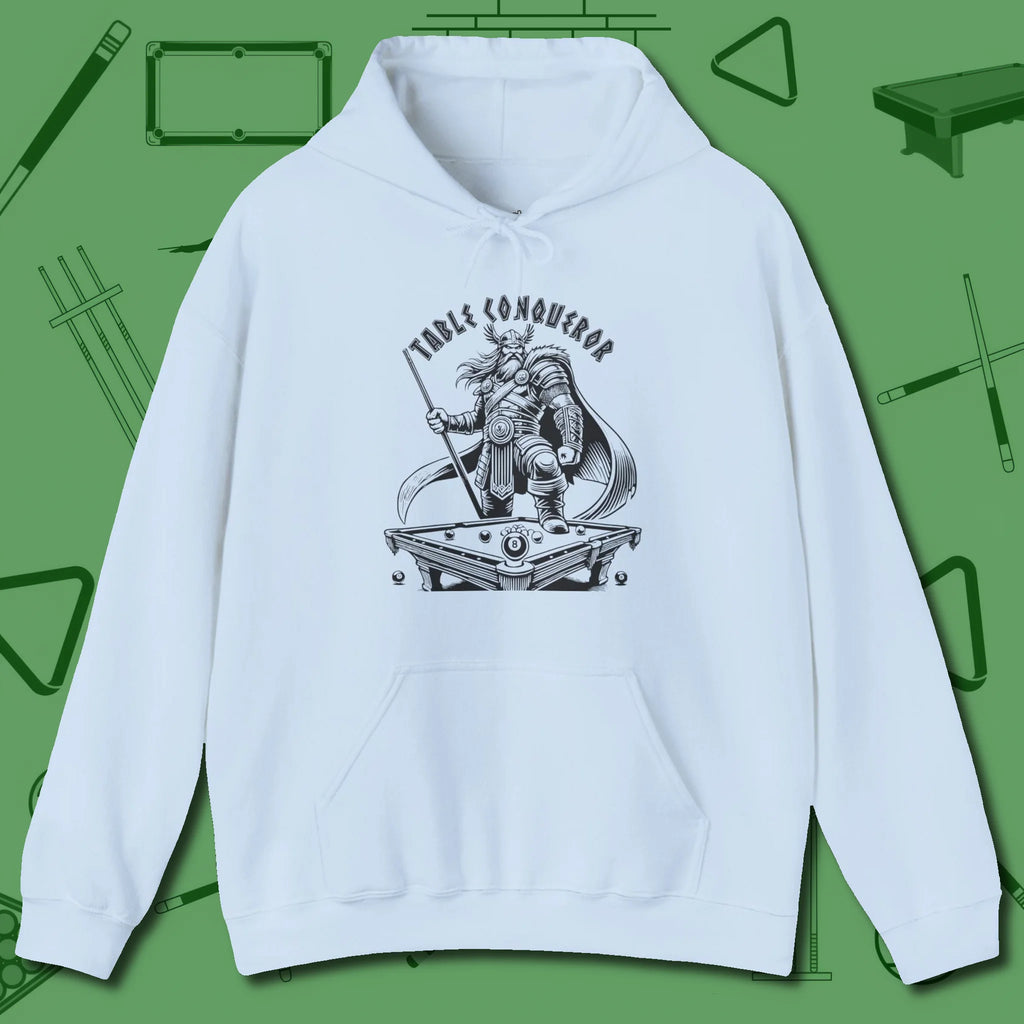 Table Conqueror Hoodie, front view, in Light Blue what champions wear between racks