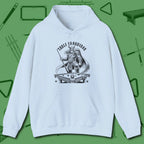 Table Conqueror Hoodie, front view, in Light Blue what champions wear between racks