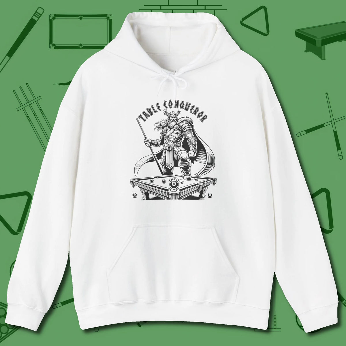 Table Conqueror Hoodie, front view, in White made for pool sharks, not posers