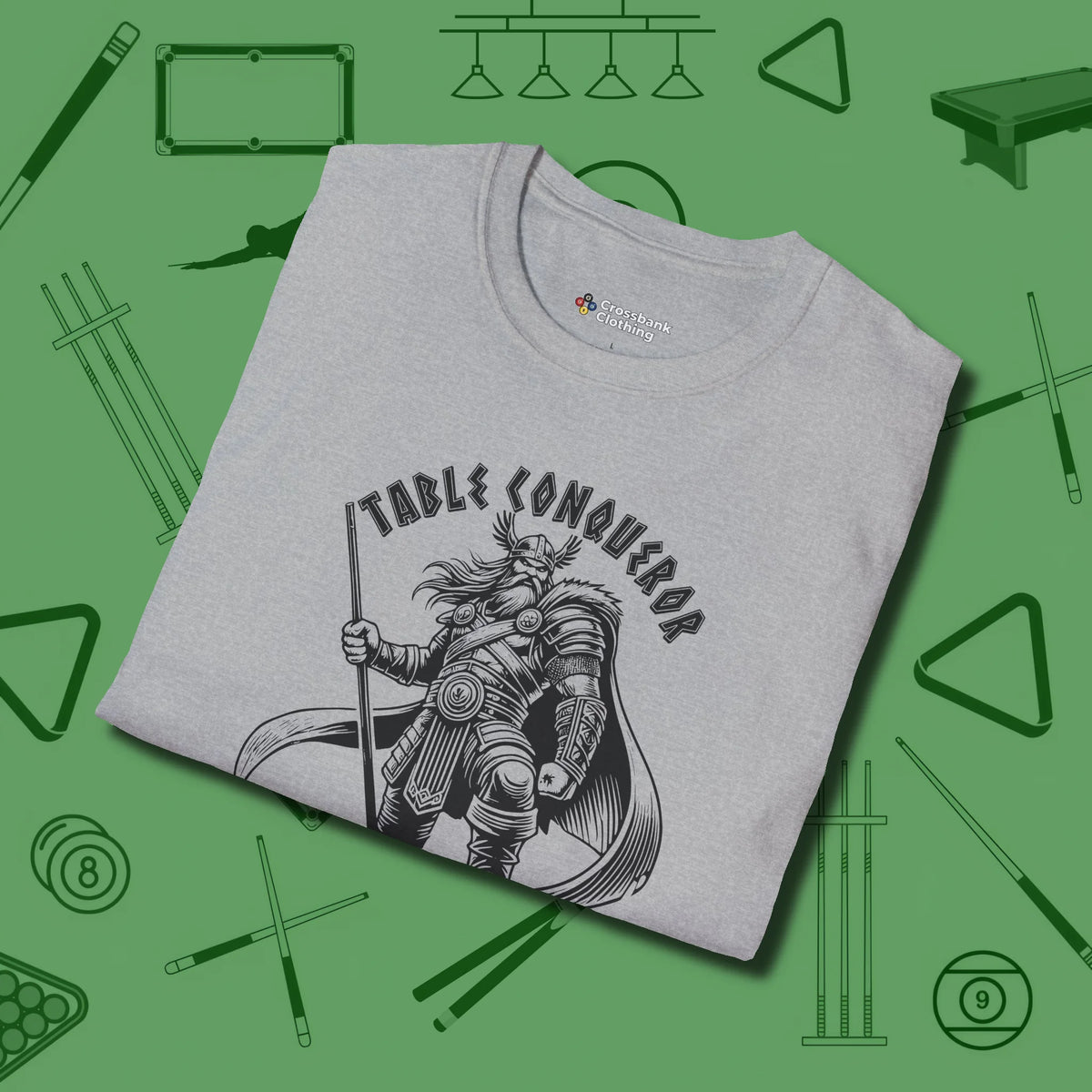 Table Conqueror T-Shirt, folded view, in Sport Grey not your average 8-ball graphic tee