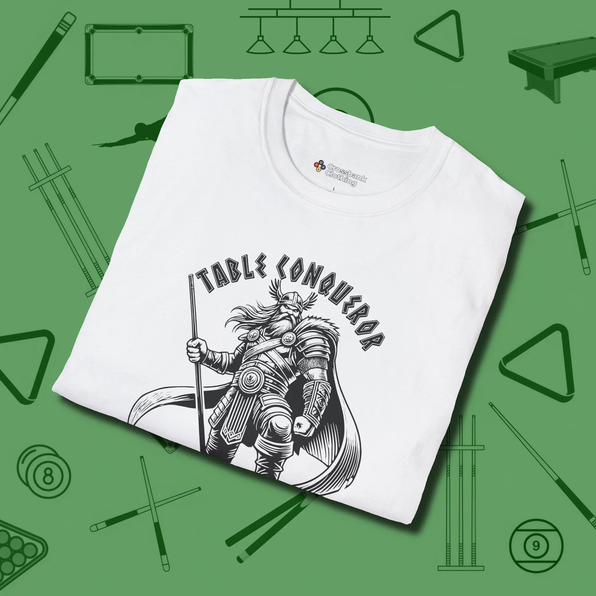 Table Conqueror T-Shirt, folded view, in White dress for the shot you want to take