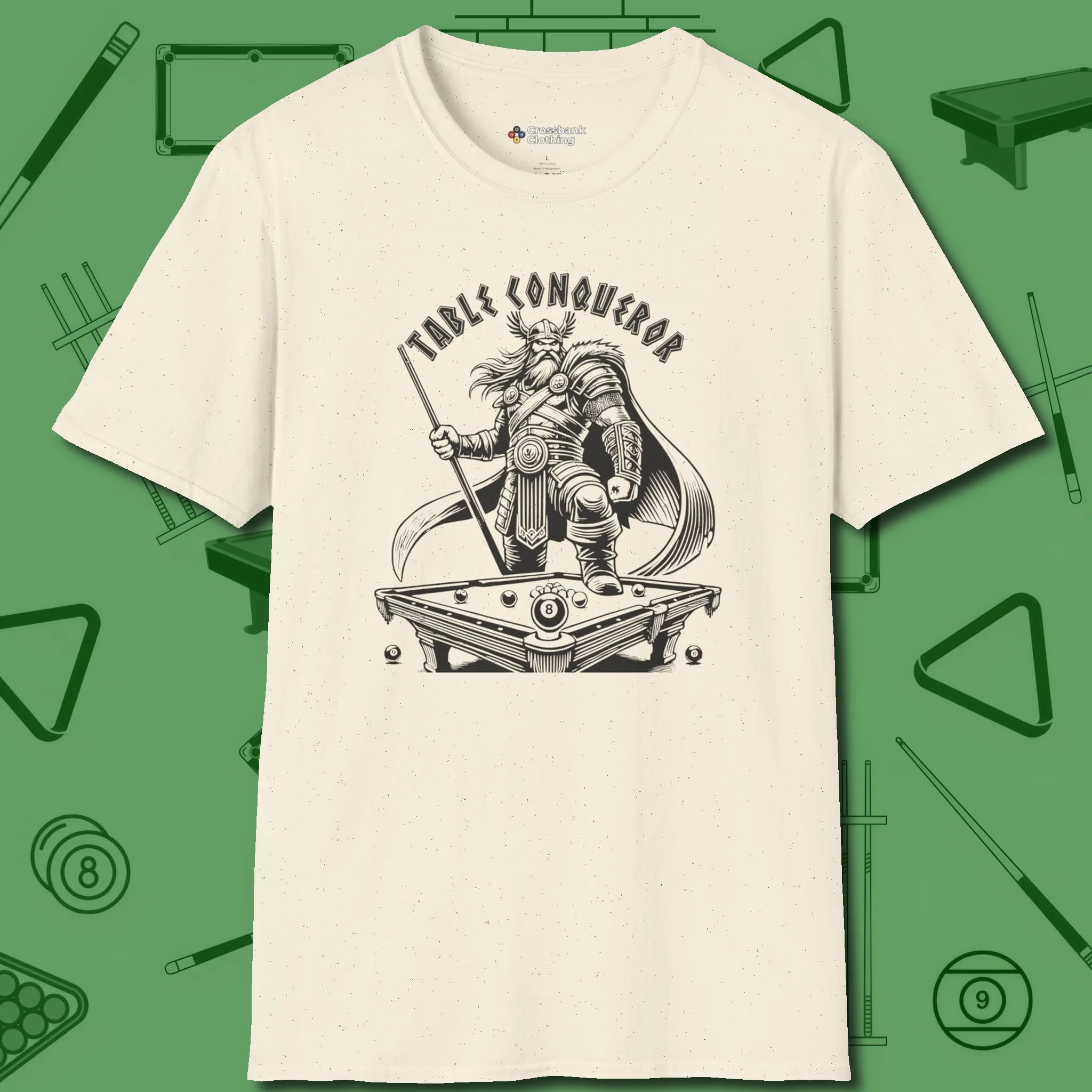 Table Conqueror T-Shirt, front view, in Natural for players who live the game