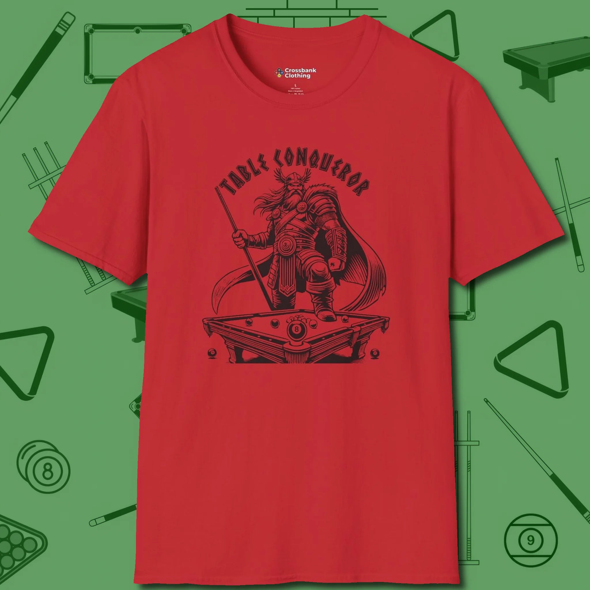 Table Conqueror T-Shirt, front view, in Red clean lines for dirty minds