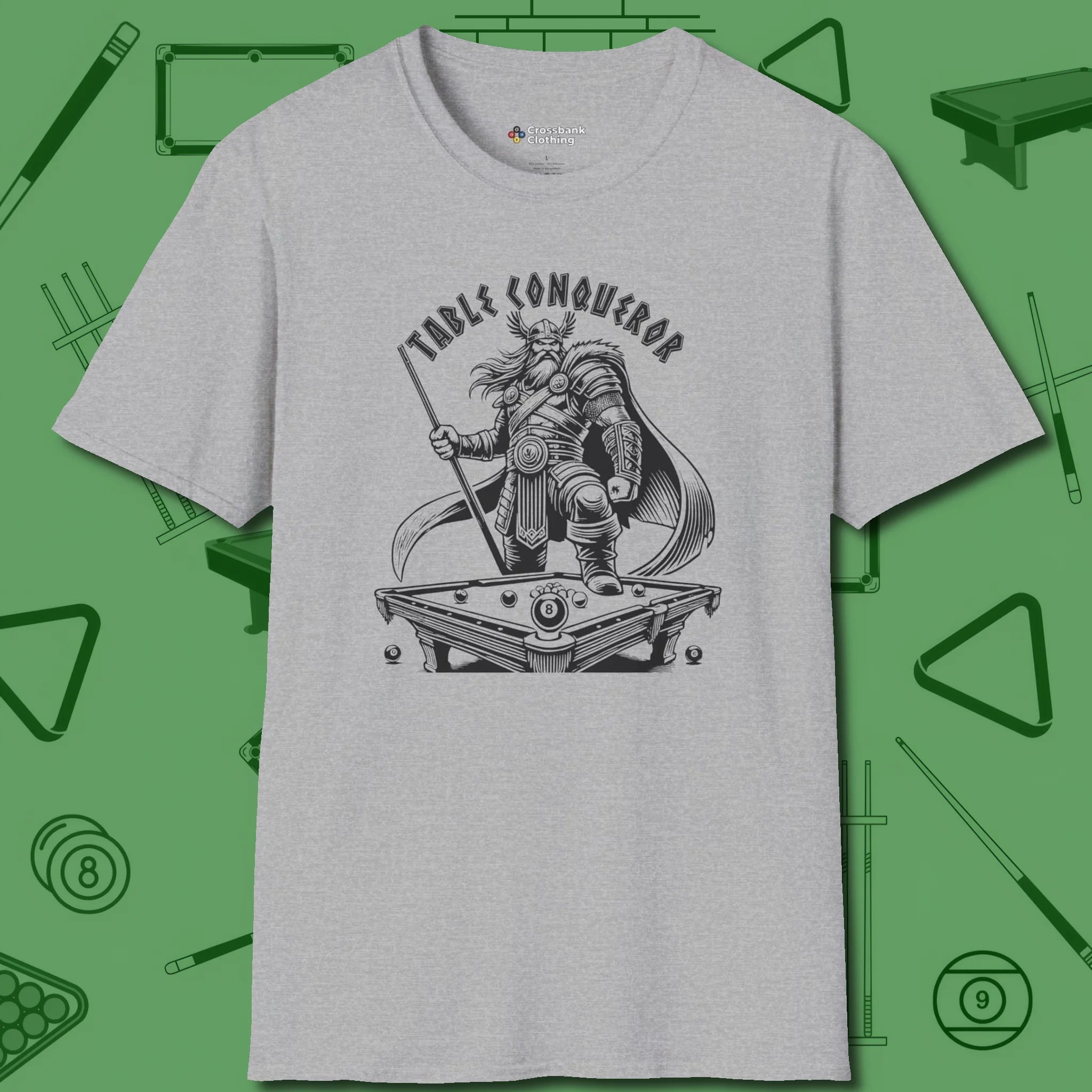Table Conqueror T-Shirt, front view, in Sport Grey subtle drip for serious shooters
