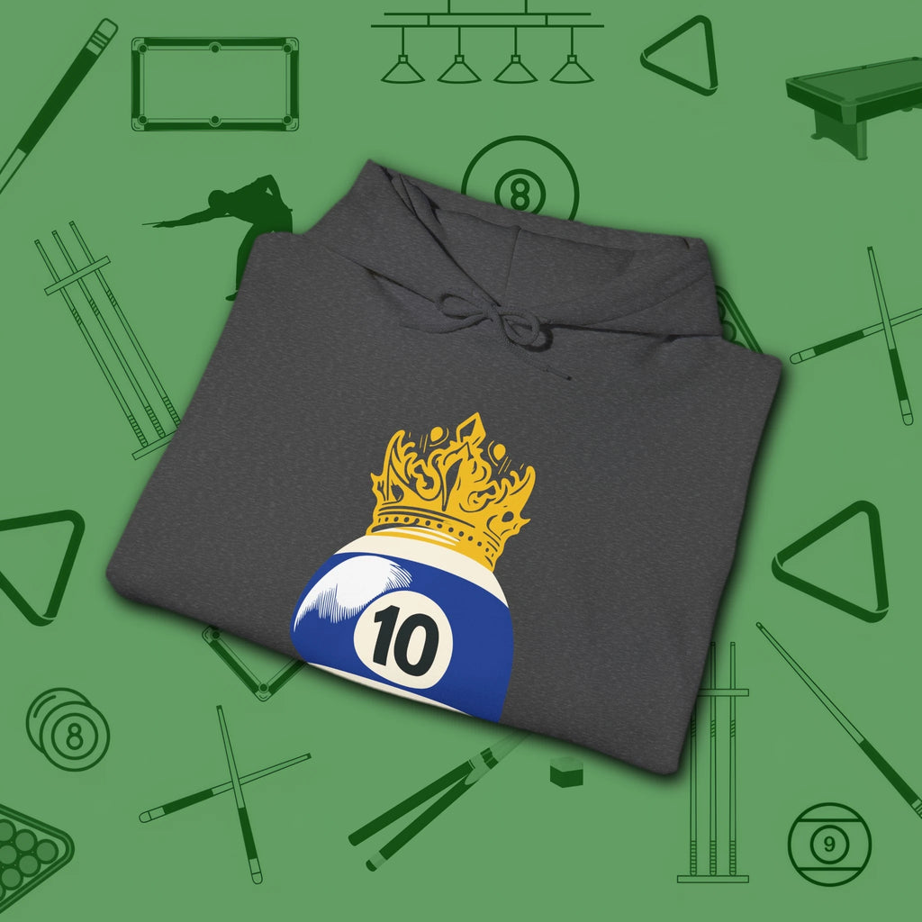Table Royalty Hoodie, in Dark Heather color, billiards shirt, folded view