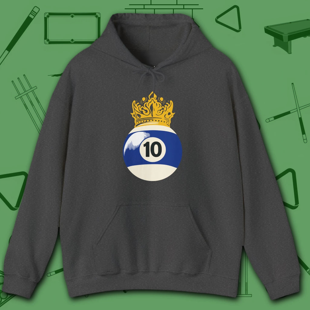 Table Royalty Hoodie, in Dark Heather color, billiards shirt, front view