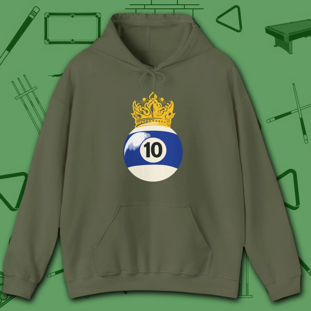 Table Royalty Hoodie, in Military Green color, billiards shirt, front view