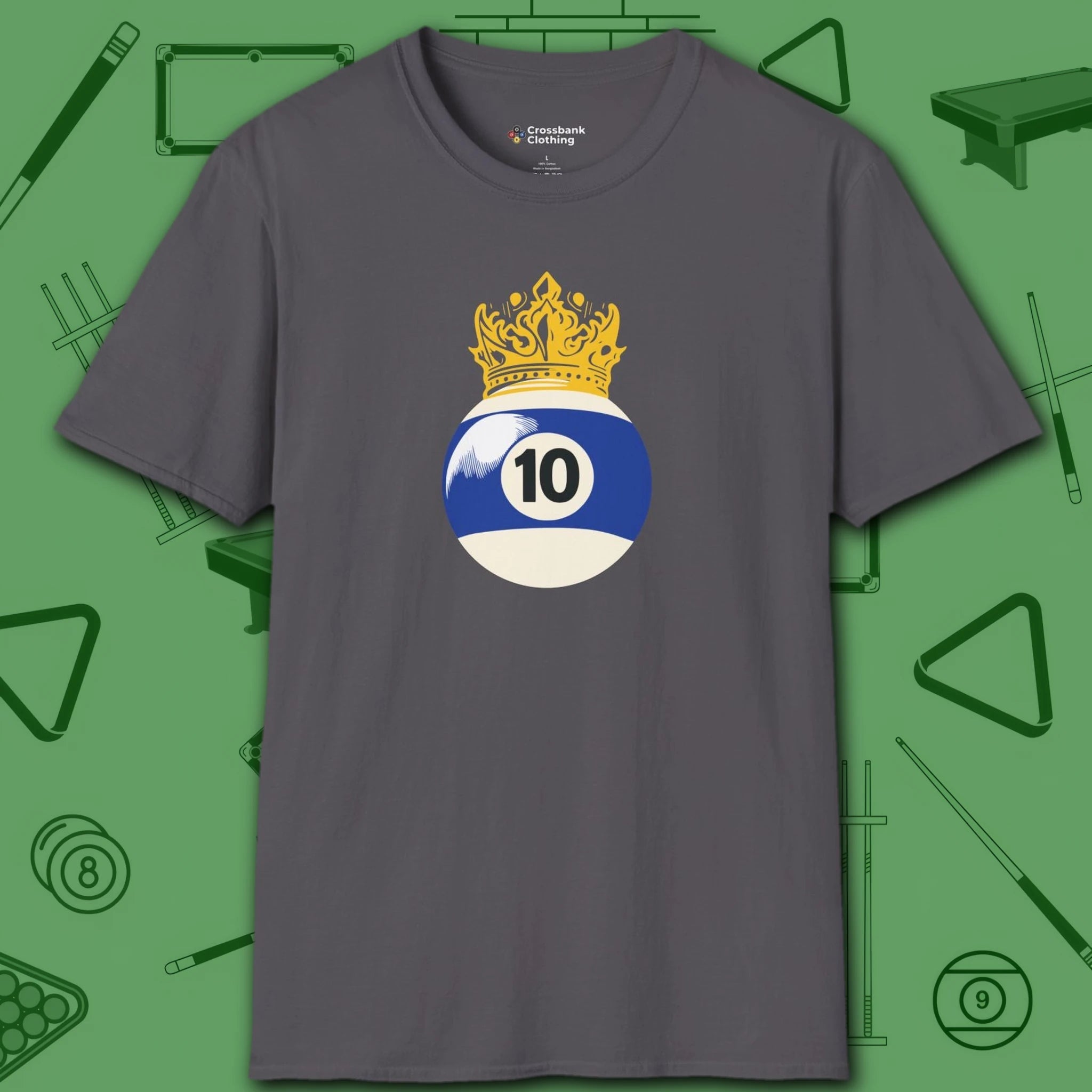 Table Royalty T-Shirt, in Charcoal color, billiards shirt, front view