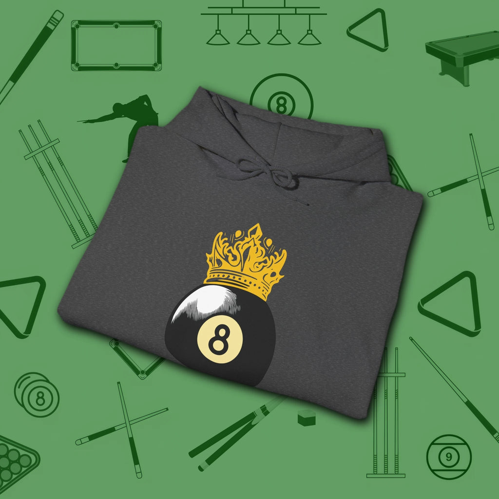 Table Royalty Hoodie, in Dark Heather color, billiards shirt, folded view