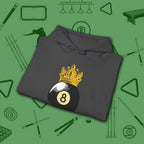 Table Royalty Hoodie, in Dark Heather color, billiards shirt, folded view