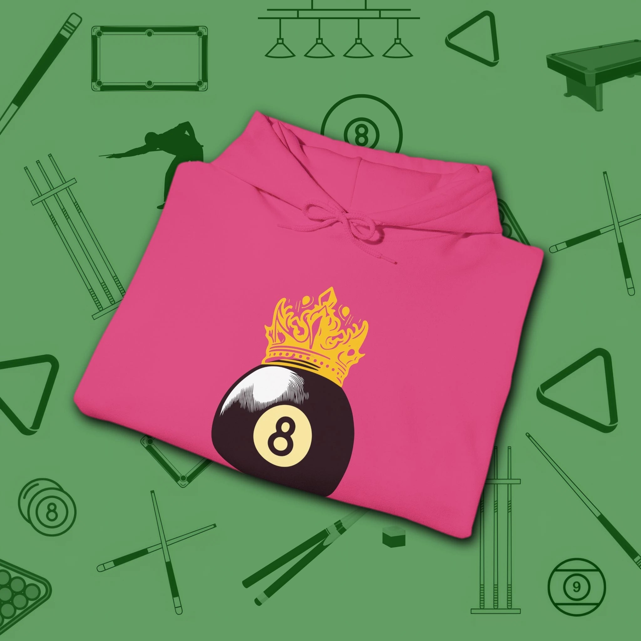 Table Royalty Hoodie, in Heliconia color, billiards shirt, folded view