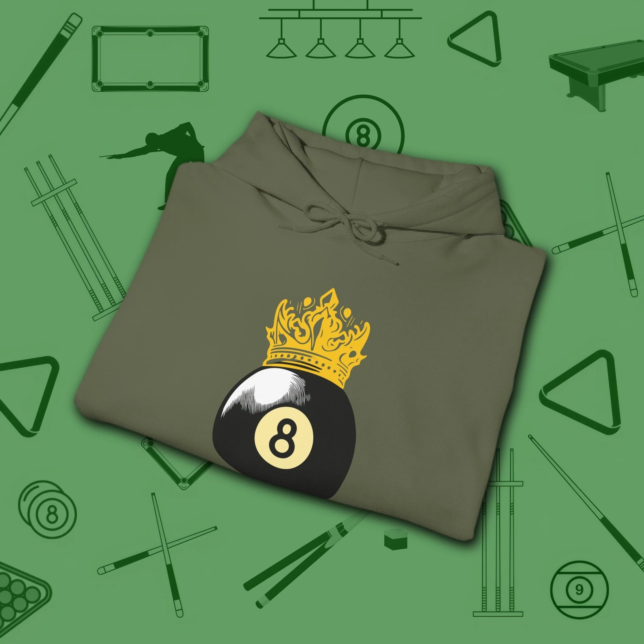 Table Royalty Hoodie, in Military Green color, billiards shirt, folded view