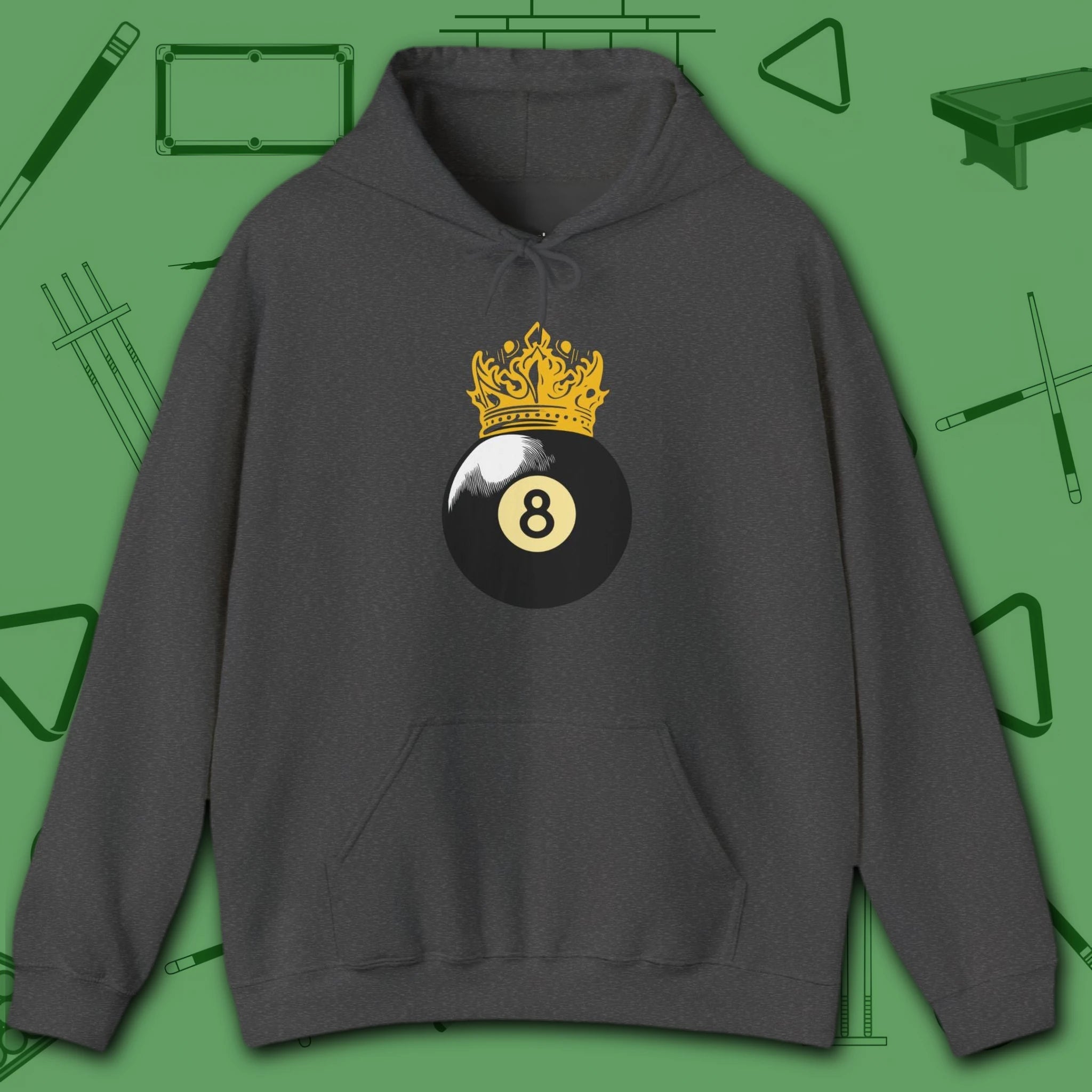 Table Royalty Hoodie, in Dark Heather color, billiards shirt, front view