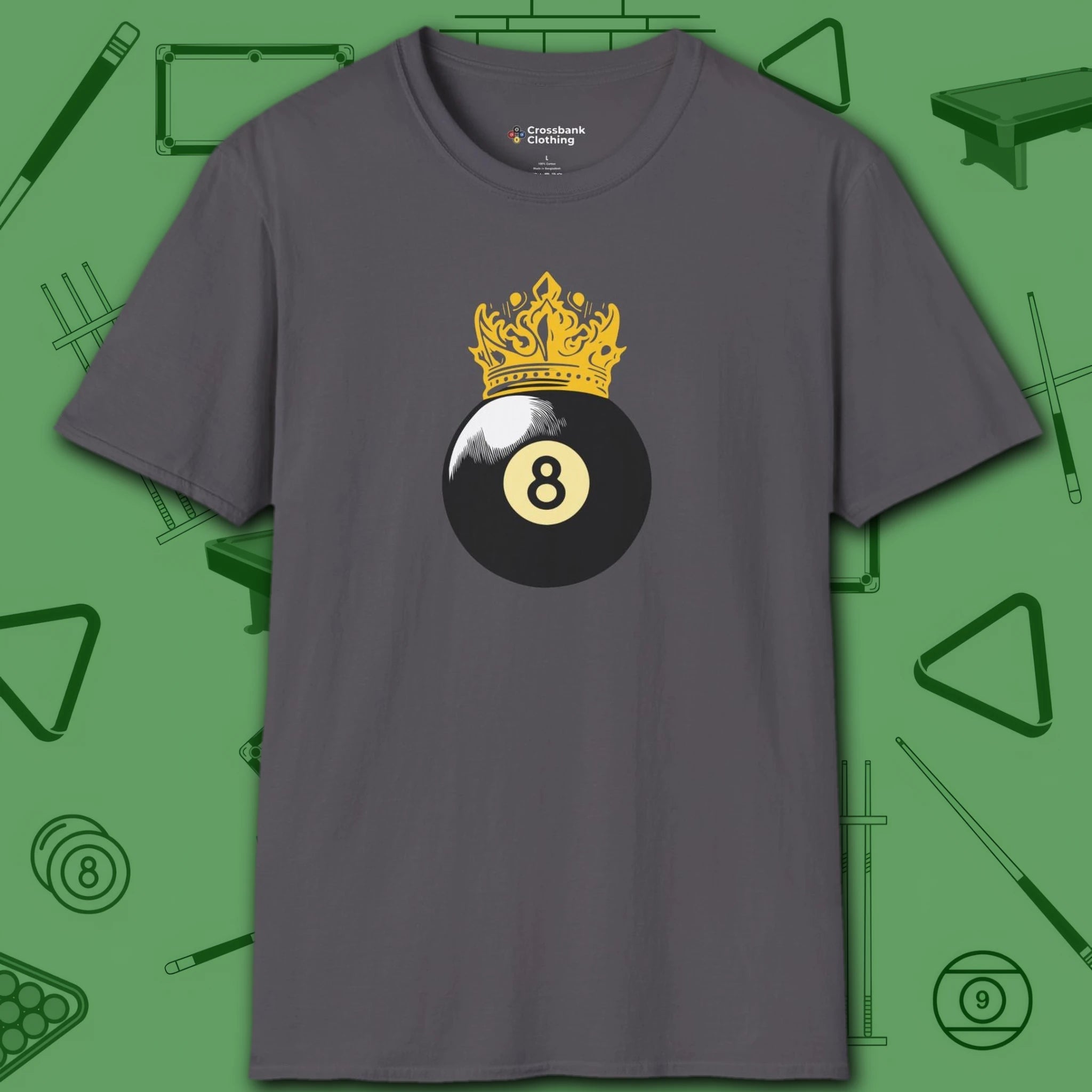 Table Royalty T-Shirt, in Charcoal color, billiards shirt, front view