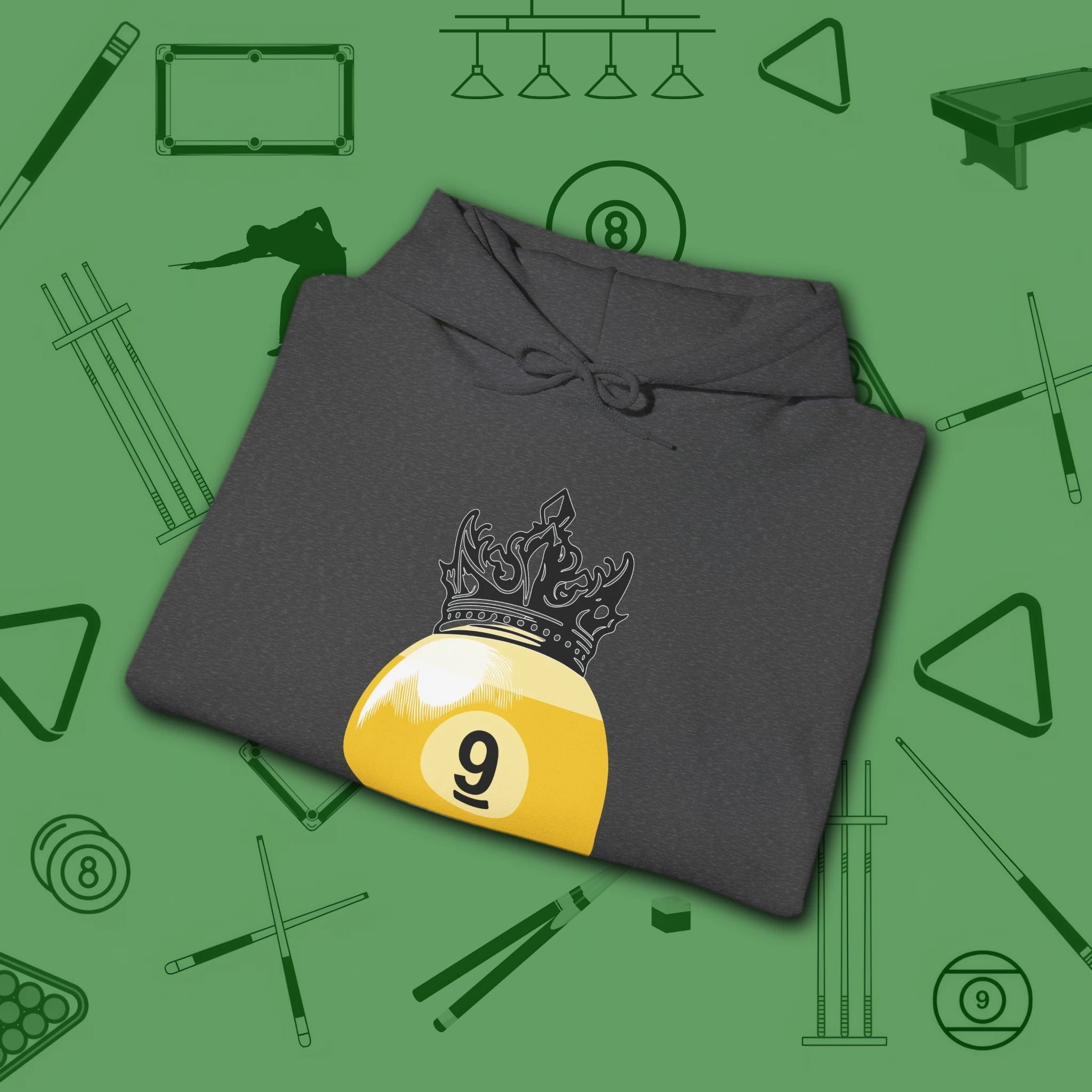 Table Royalty Hoodie, in Dark Heather color, billiards shirt, folded view