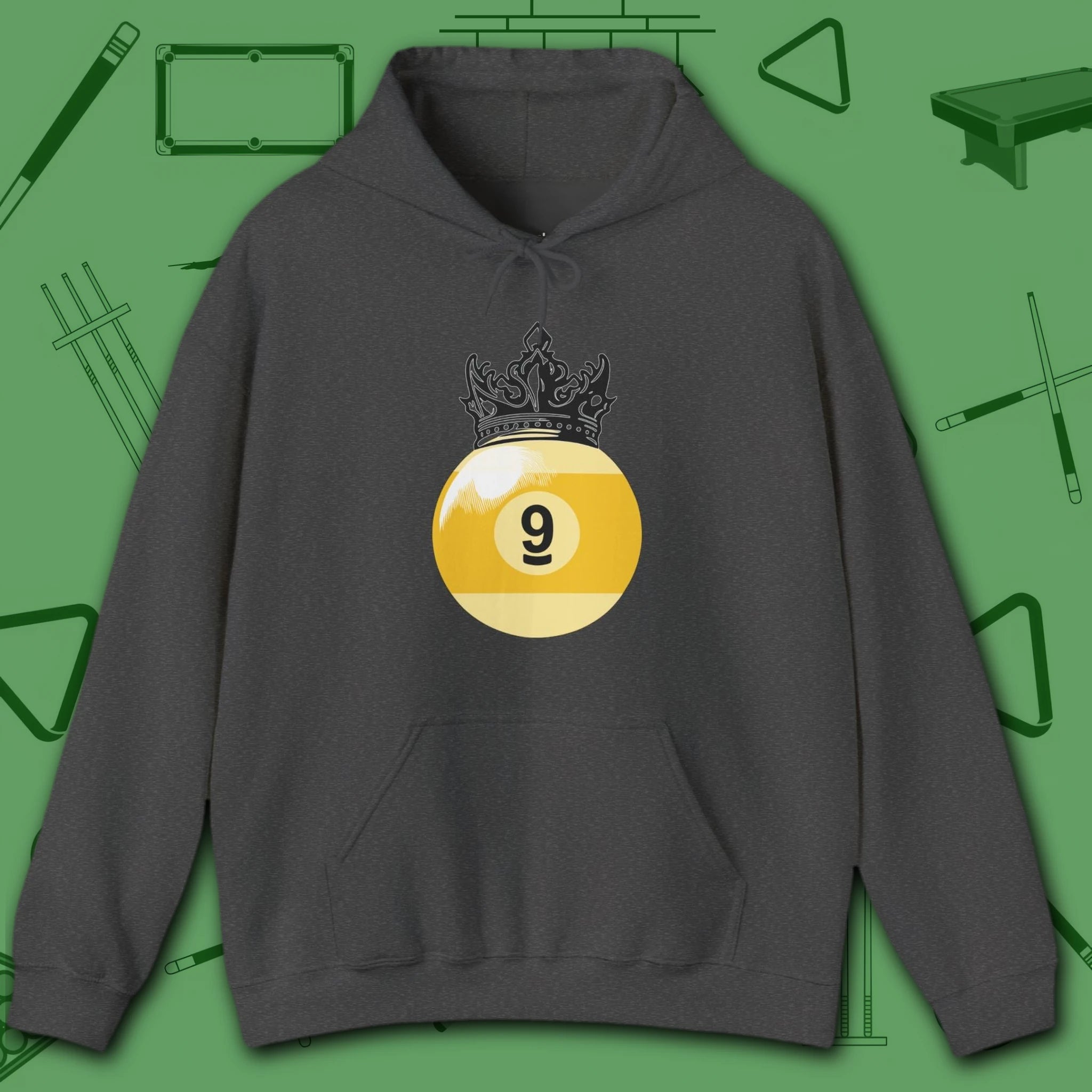 Table Royalty Hoodie, in Dark Heather color, billiards shirt, front view