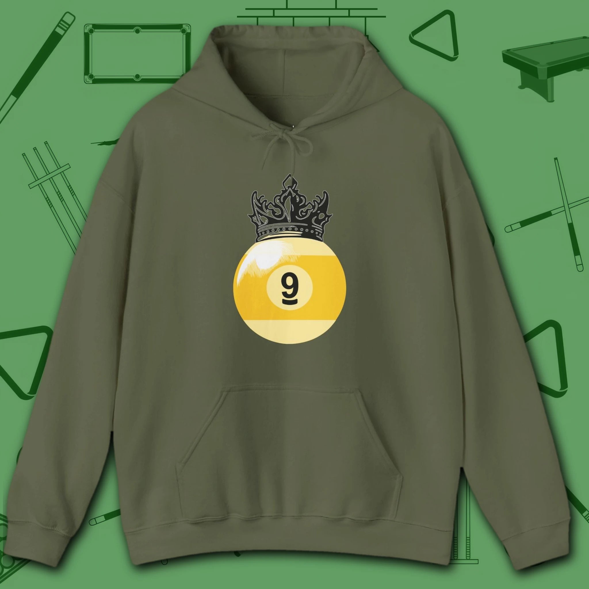 Table Royalty Hoodie, in Military Green color, billiards shirt, front view