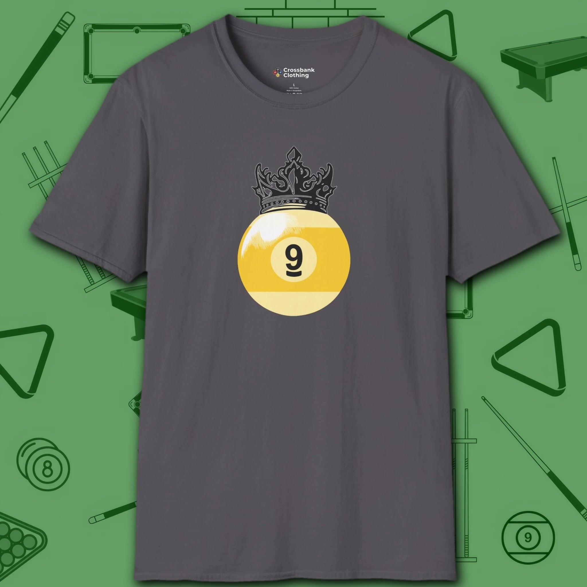 Table Royalty T-Shirt, in Charcoal color, billiards shirt, front view