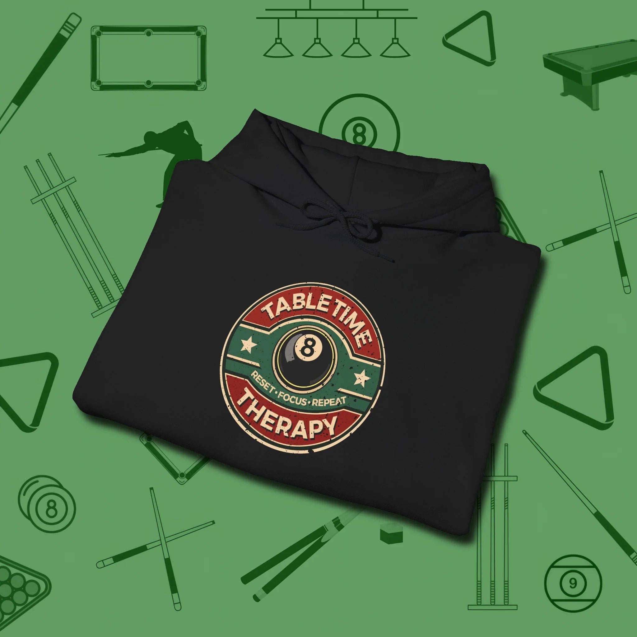 Table Time Therapy Hoodie, folded view, in Black dress for the shot you want to take
