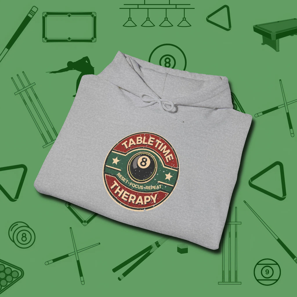 Table Time Therapy Hoodie, folded view, in Sport Grey stitched for cue discipline and cool confidence