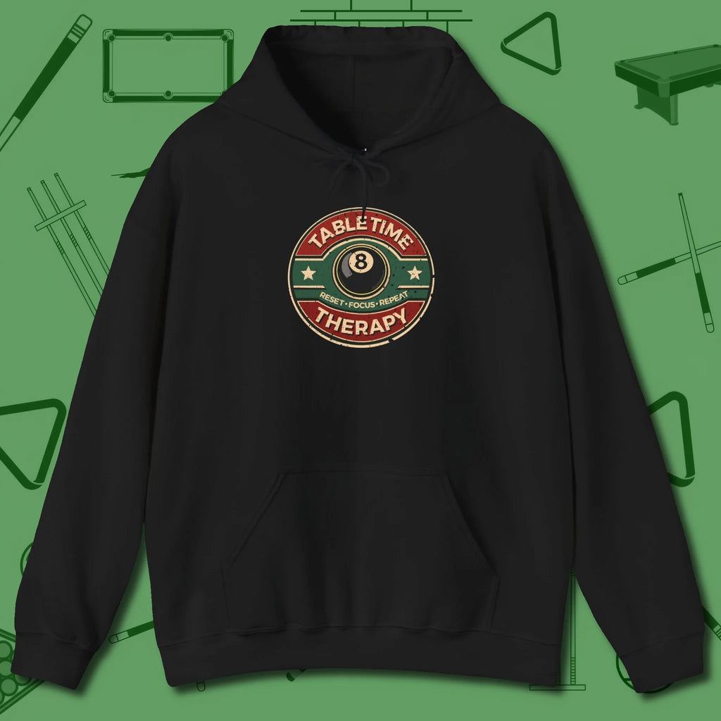 Table Time Therapy Hoodie, front view, in Black look good while calling your pocket