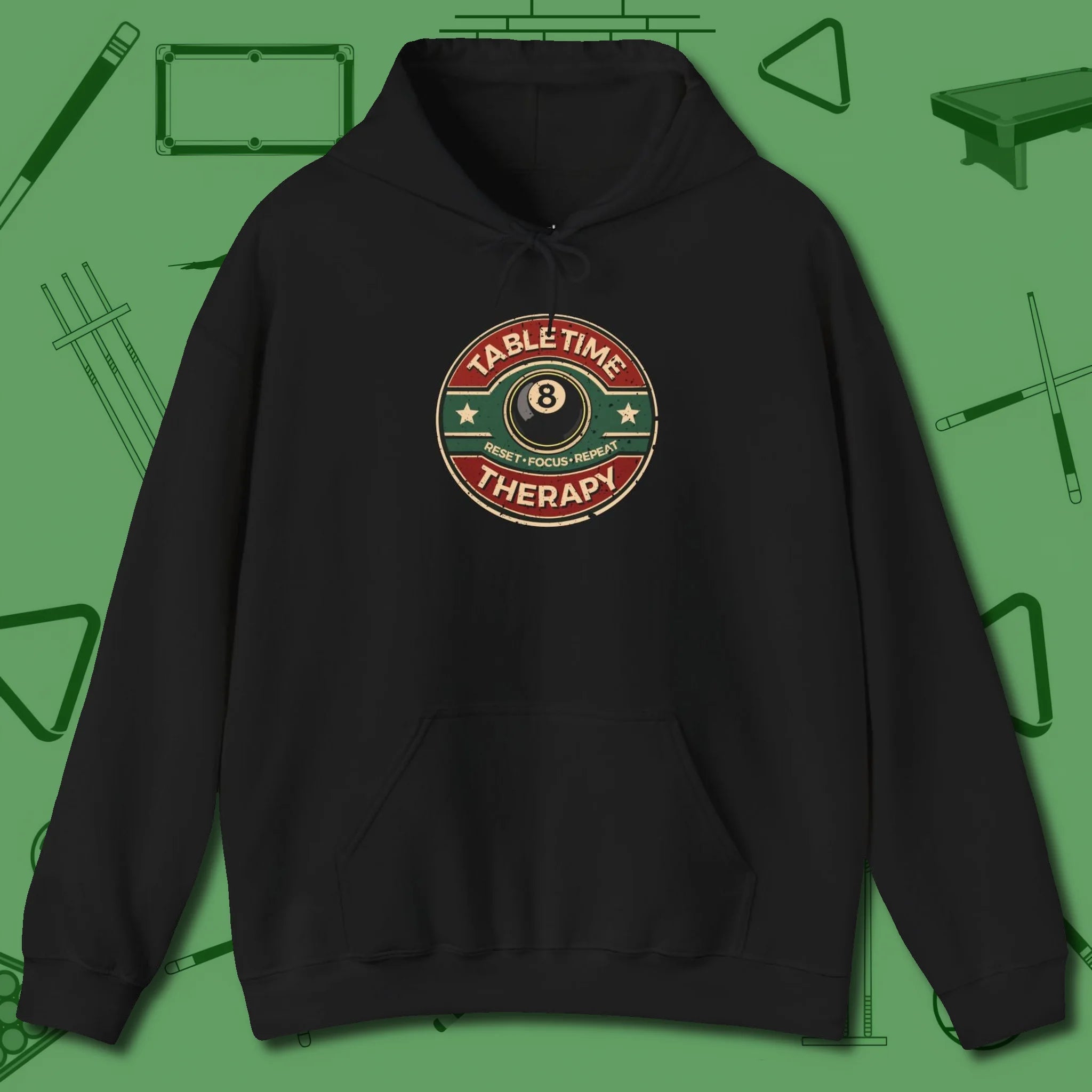 Table Time Therapy Hoodie, front view, in Black look good while calling your pocket