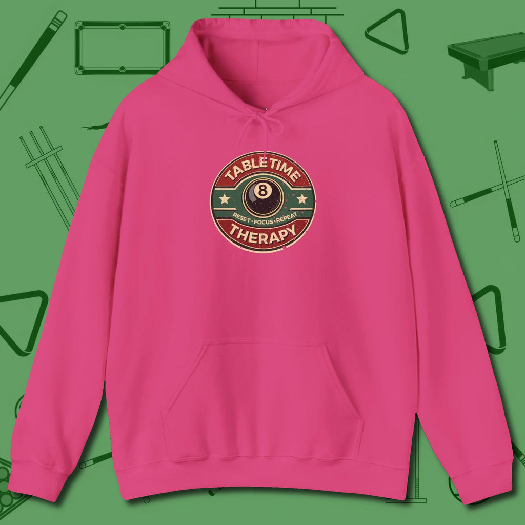 Table Time Therapy Hoodie, front view, in Heliconia table-tested, street-approved style