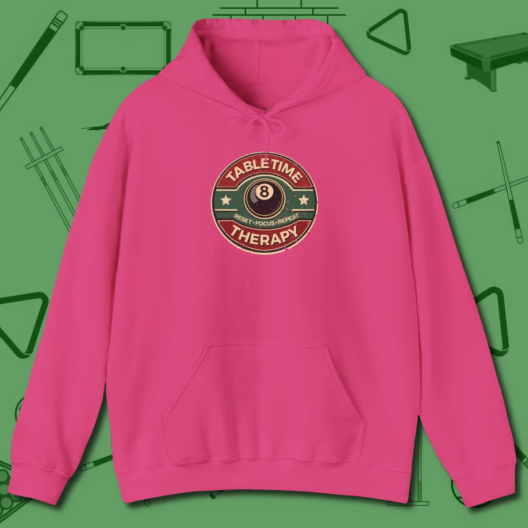 Table Time Therapy Hoodie, front view, in Heliconia table-tested, street-approved style