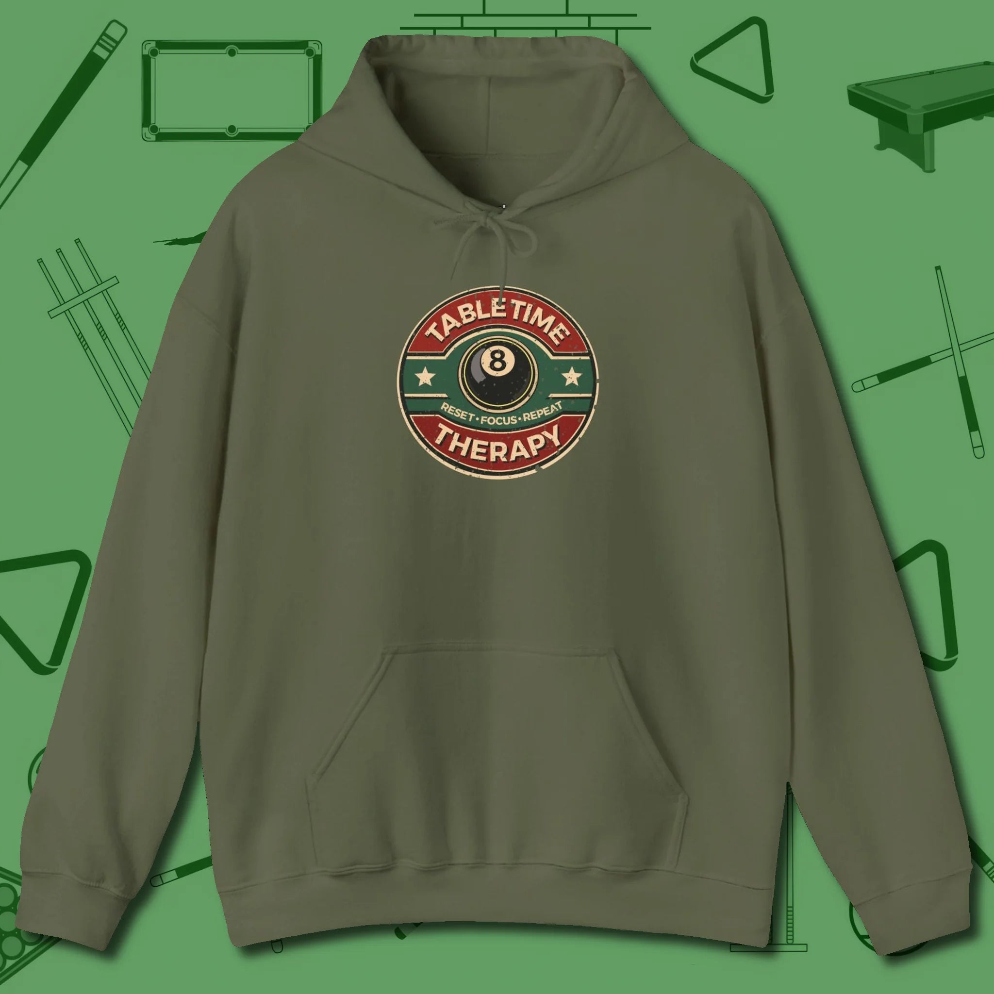 Table Time Therapy Hoodie, front view, in Military Green strike fear with swagger and precision