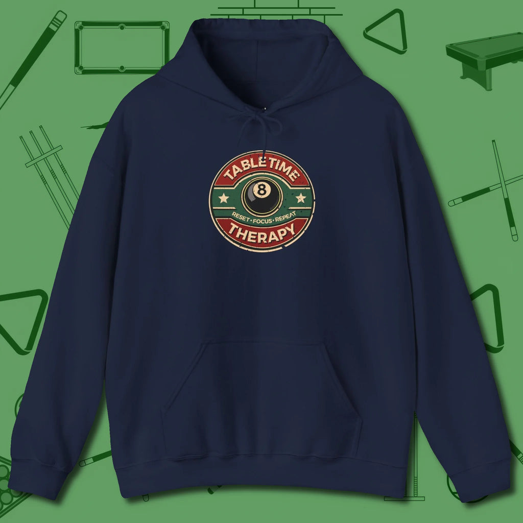 Table Time Therapy Hoodie, front view, in Navy put your best game on display