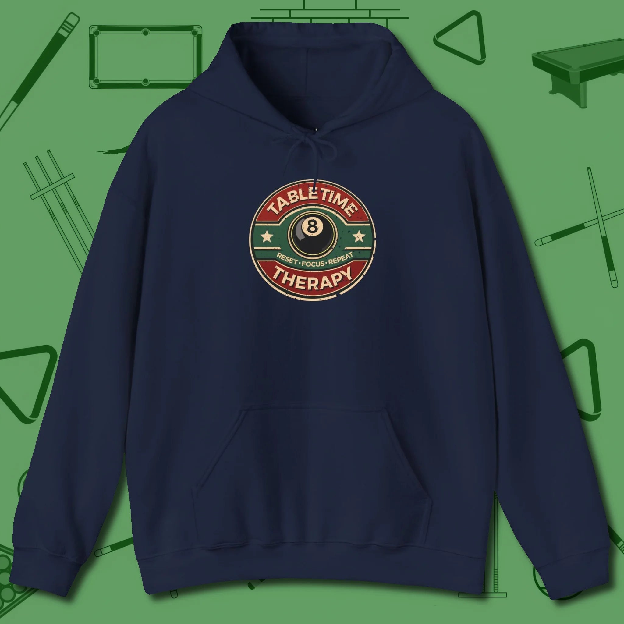 Table Time Therapy Hoodie, front view, in Navy put your best game on display