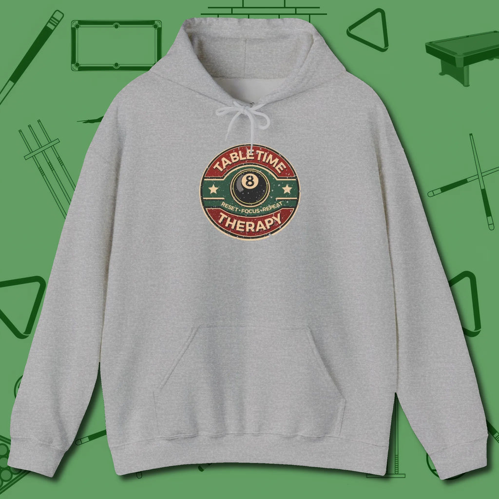 Table Time Therapy Hoodie, front view, in Sport Grey stitched for cue discipline and cool confidence